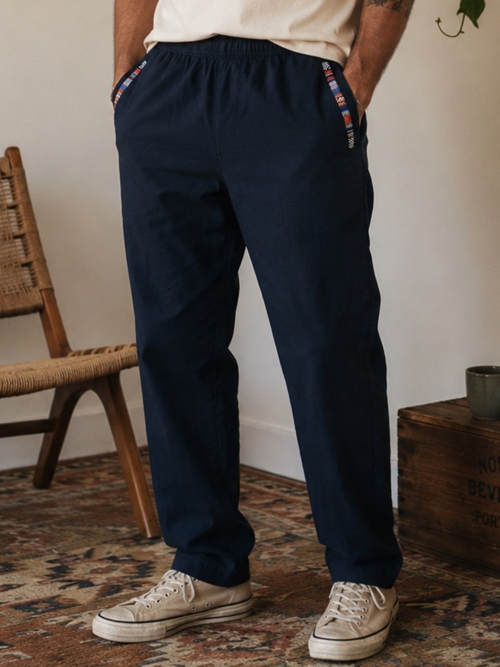 WOWIE Men’s Medium Navy Pants Woven Aztec Trim Pull On Outdoor Casual